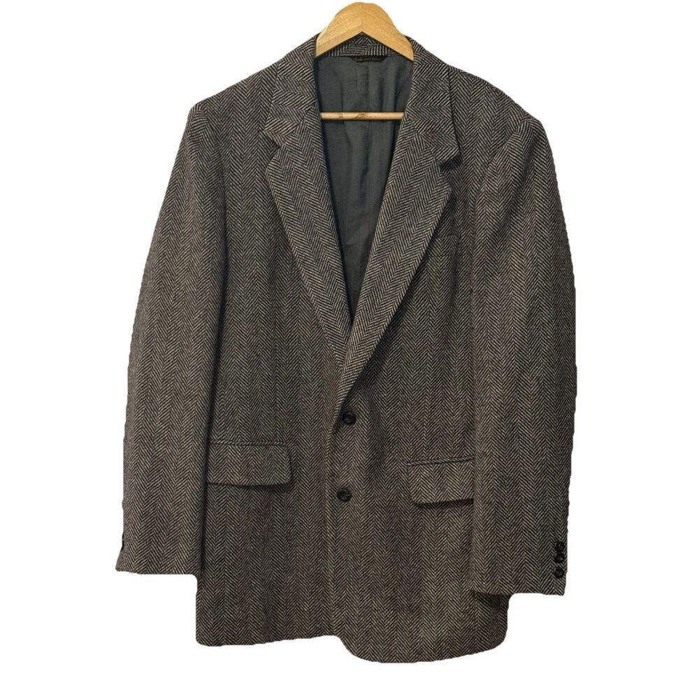 Vintage Jordache Tweed Herringbone Blazer Men’s 42L Gray Wool Jacket 90s Classic